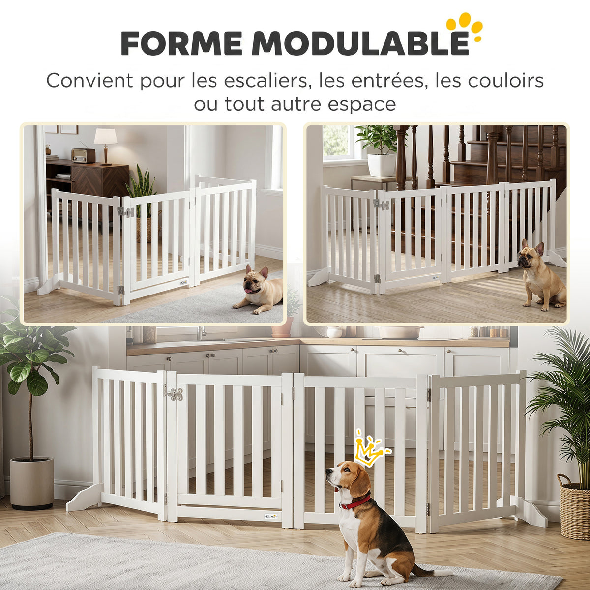 Barrière de Sécurité Chien Pliable Double Face en Bois, 4 Panneaux avec Porte, Pieds de Support, 205 x 60 cm, Blanc-4