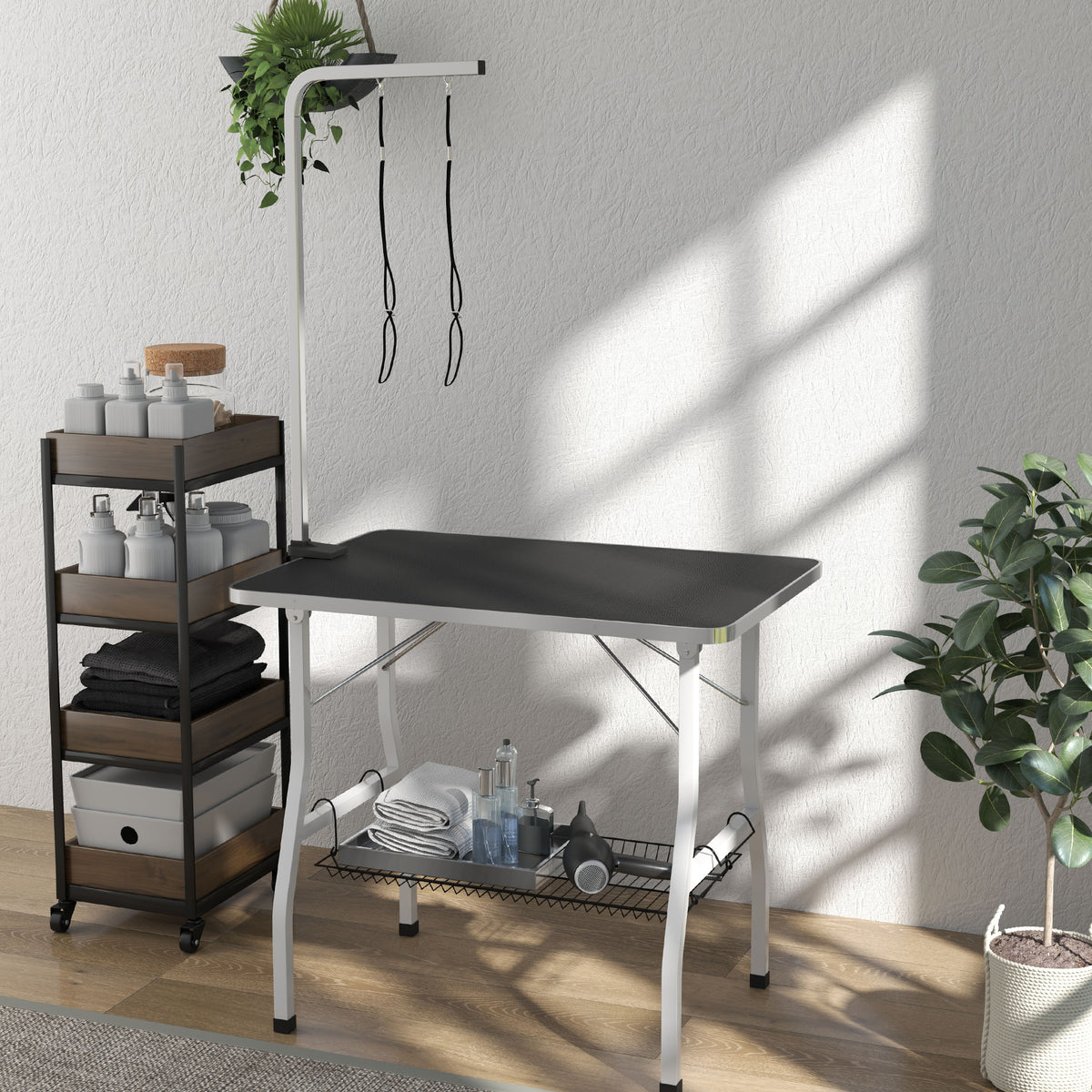 Table de toilettage pour chien pliante plateau antidérapant en caoutchouc avec 2 sangles 90 x 60 x 76 cm noir-8