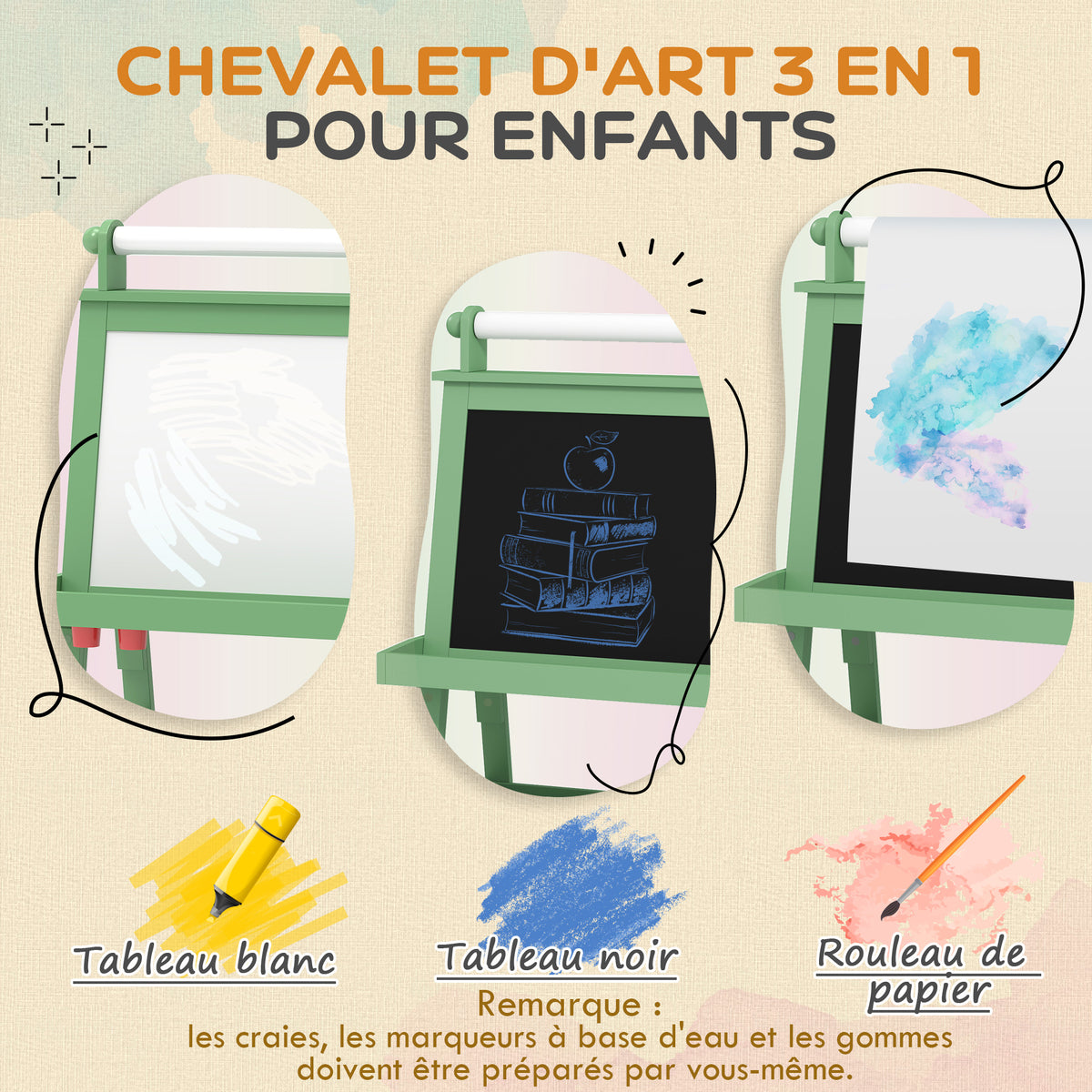 Tableau chevalet enfant 3 en 1 avec tableau blanc magnétique, tableau à craie, rouleau papier, 2 paniers, 3-6 ans, vert-3