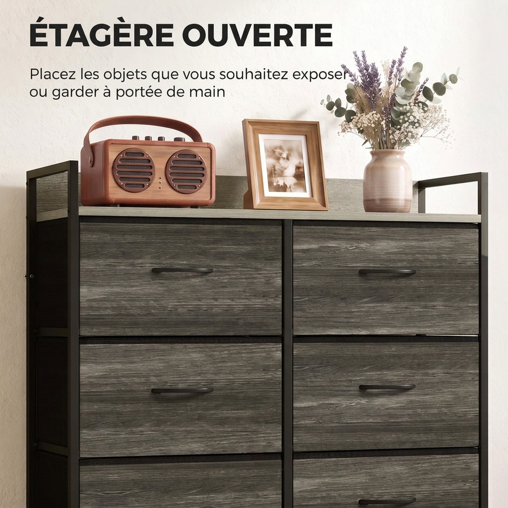 Commode, Meuble de Rangement pour Chambre, 6 Tiroirs en Tissu en Lin, Cadre en Acier, 80 x 29 x 85 cm, Gris-4