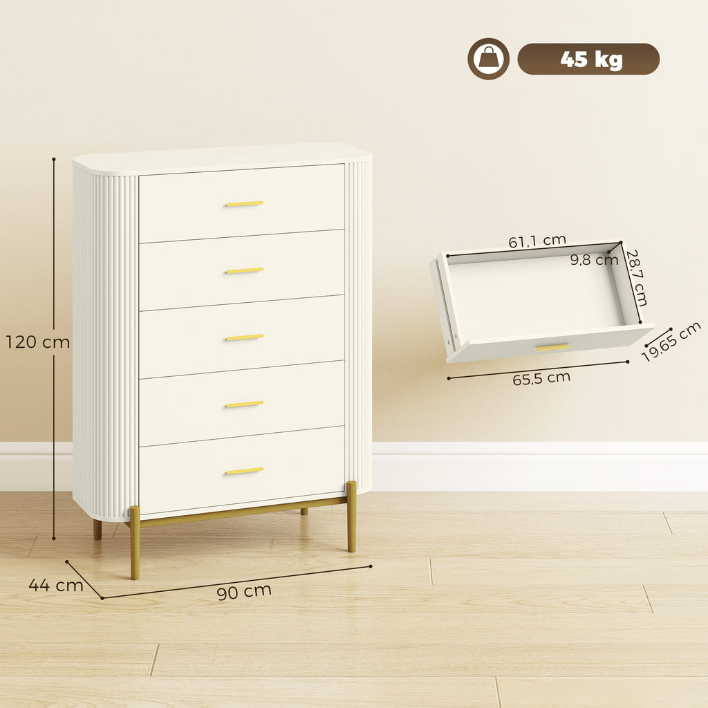 Commode 5 Tiroirs, Meuble de Rangement avec Façades Rainurées et Pieds en Métal, Style Moderne, 90x44x120cm, Gris Clair-2