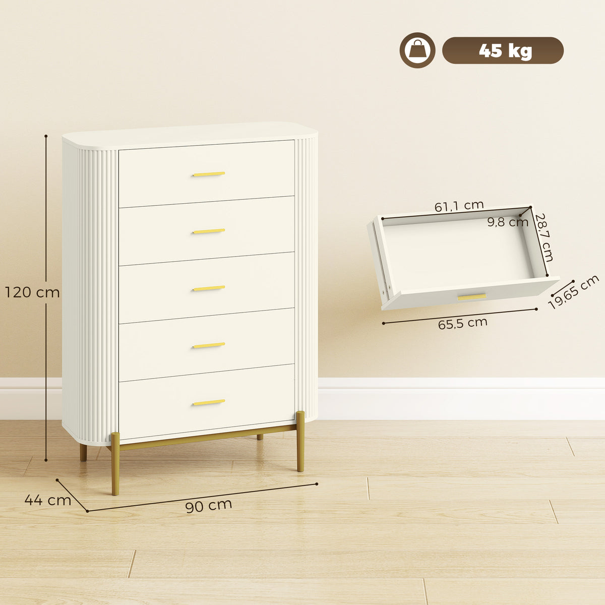 Commode 5 Tiroirs, Meuble de Rangement avec Façades Rainurées et Pieds en Métal, Style Moderne, 90x44x120cm, Gris Clair-2