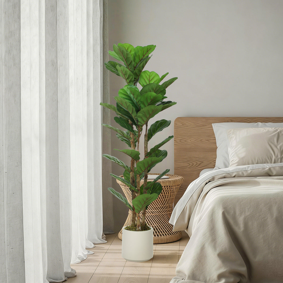 Plante artificielle intérieure 120 cm Figuier lyre arbre artificiel avec pot en plastique et tronc en bois massif, vert-8