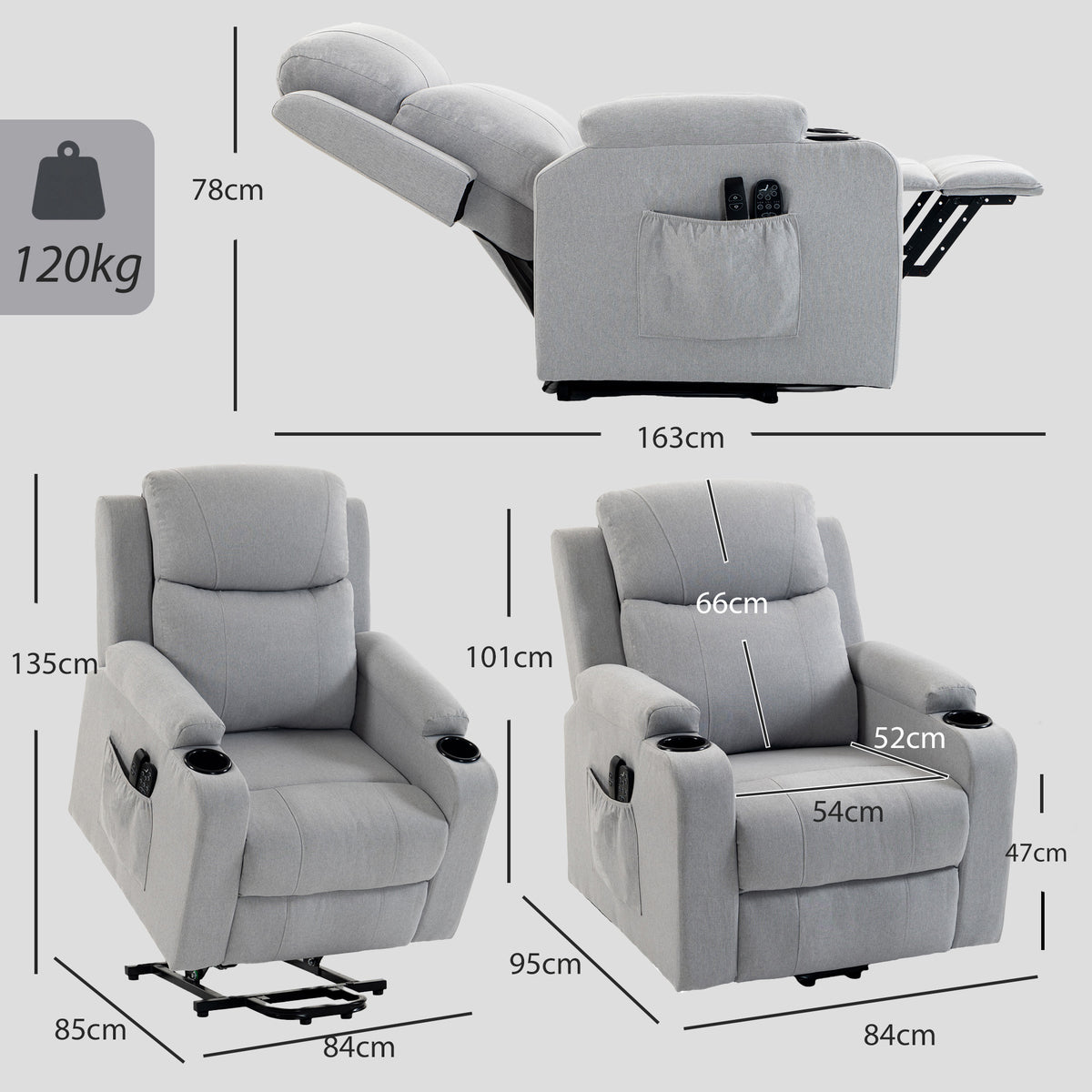 Fauteuil Releveur Électrique Massage Vibration et Chaleur, Fauteuil Relax Électrique, Dossier Inclinable, Port USB, Gris-2