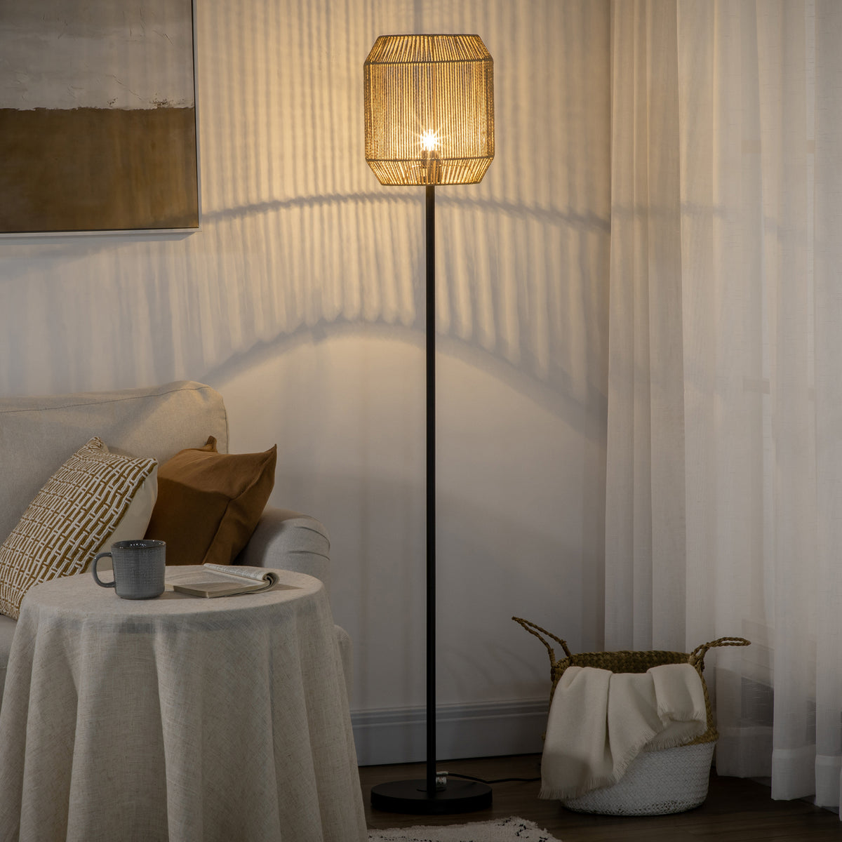 Lampadaire sur pied salon abat-jour en corde de papier design naturel base E27 Max. 40W - Ø 26 x 164H cm-1