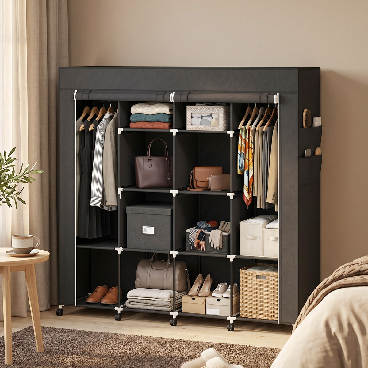 Armoire penderie en tissu, meuble de rangement mobile 10 roulettes avec 10 compartiments, barres de suspension, noir-1