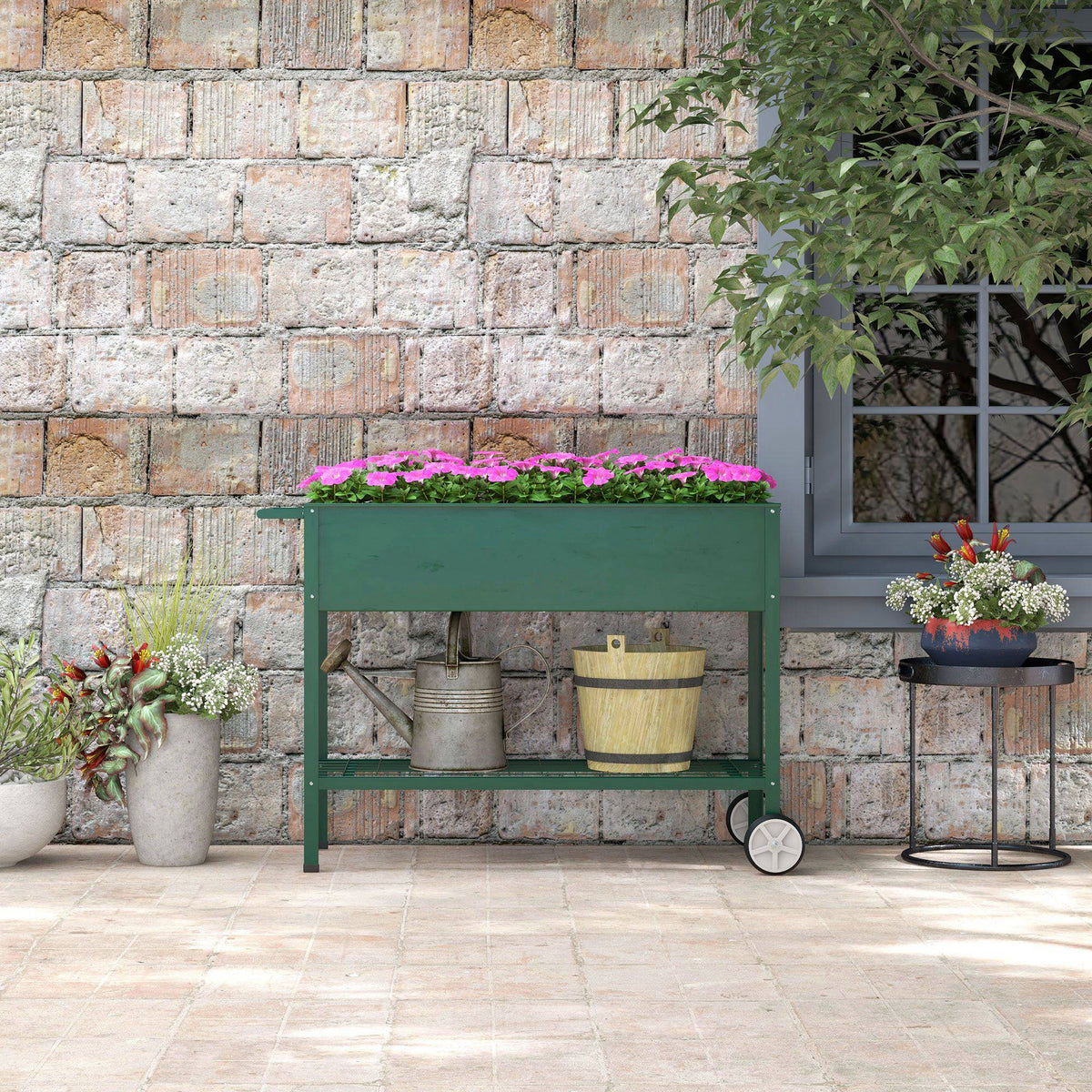 Jardinière sur Pieds Potager dim. 109L x 44l x 80H cm étagère 2 Roues + Insert d'irrigation métal Vert-7