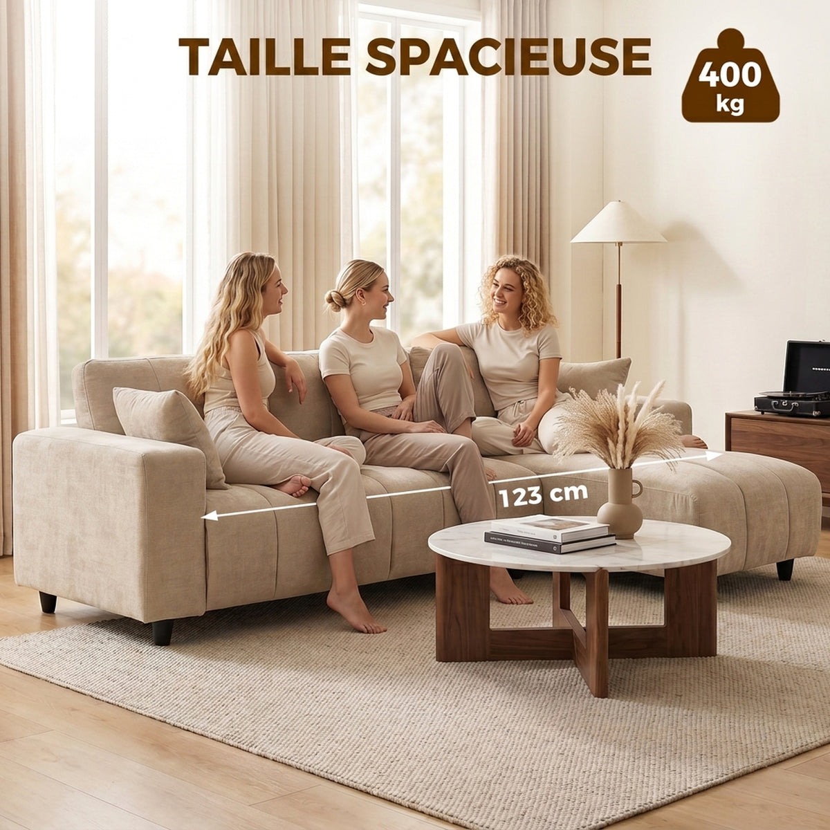 Canapé d'Angle Modulable 242 cm, Canapé 4 Places en L avec Méridienne Réversible, 2 Oreillers, Tissu Aspect Lin, Beige-6