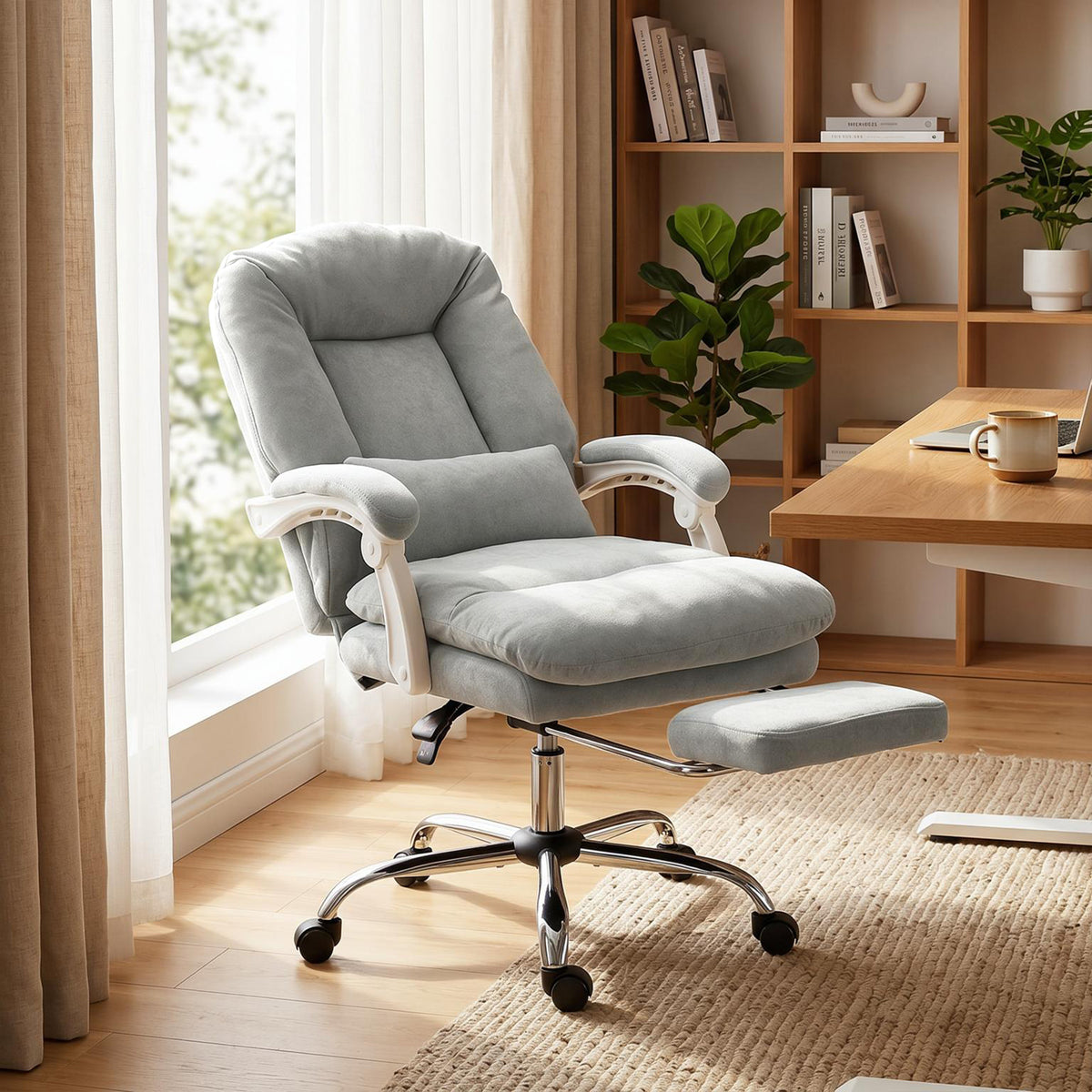 Chaise bureau ergonomique, fauteuil de bureau inclinable en velours avec support lombaire, hauteur réglable, gris clair-1