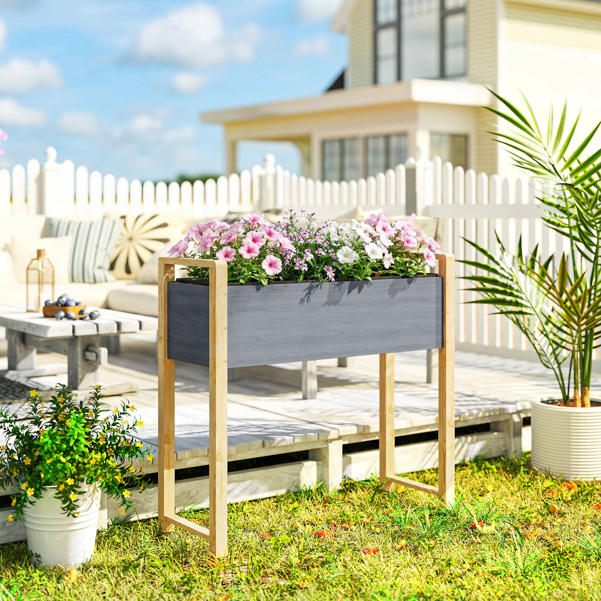 Carré Potager avec pieds Lit de Jardin Surélevé 4 trous de drainage et Tissu non tissé,  98 x 37 x 90 cm, gris-1