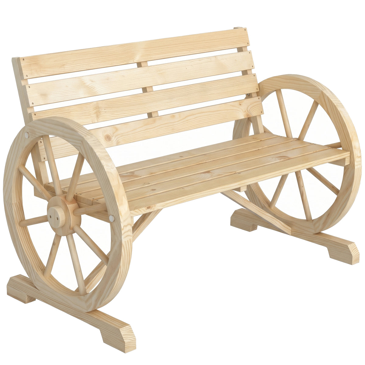 Banc de Jardin banc 3 places en bois Style Rustique Chic accoudoirs Roues Charette Bois Sapin effet bois naturel-0