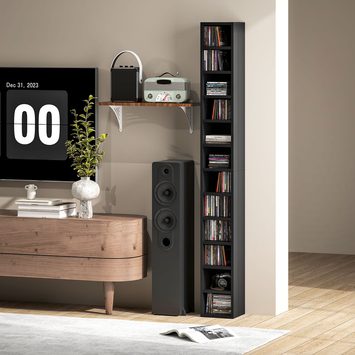 Rangements pour CD et DVD avec 12 compartiments, capacité max. 204 CD, 21 x 20 x 175 cm, noir-8