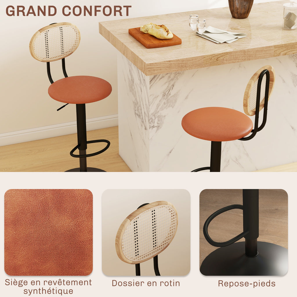 Lot de 2 tabourets de bar chaises de bar hauteur réglable avec dossier en rotin et repose-pieds, marron-4