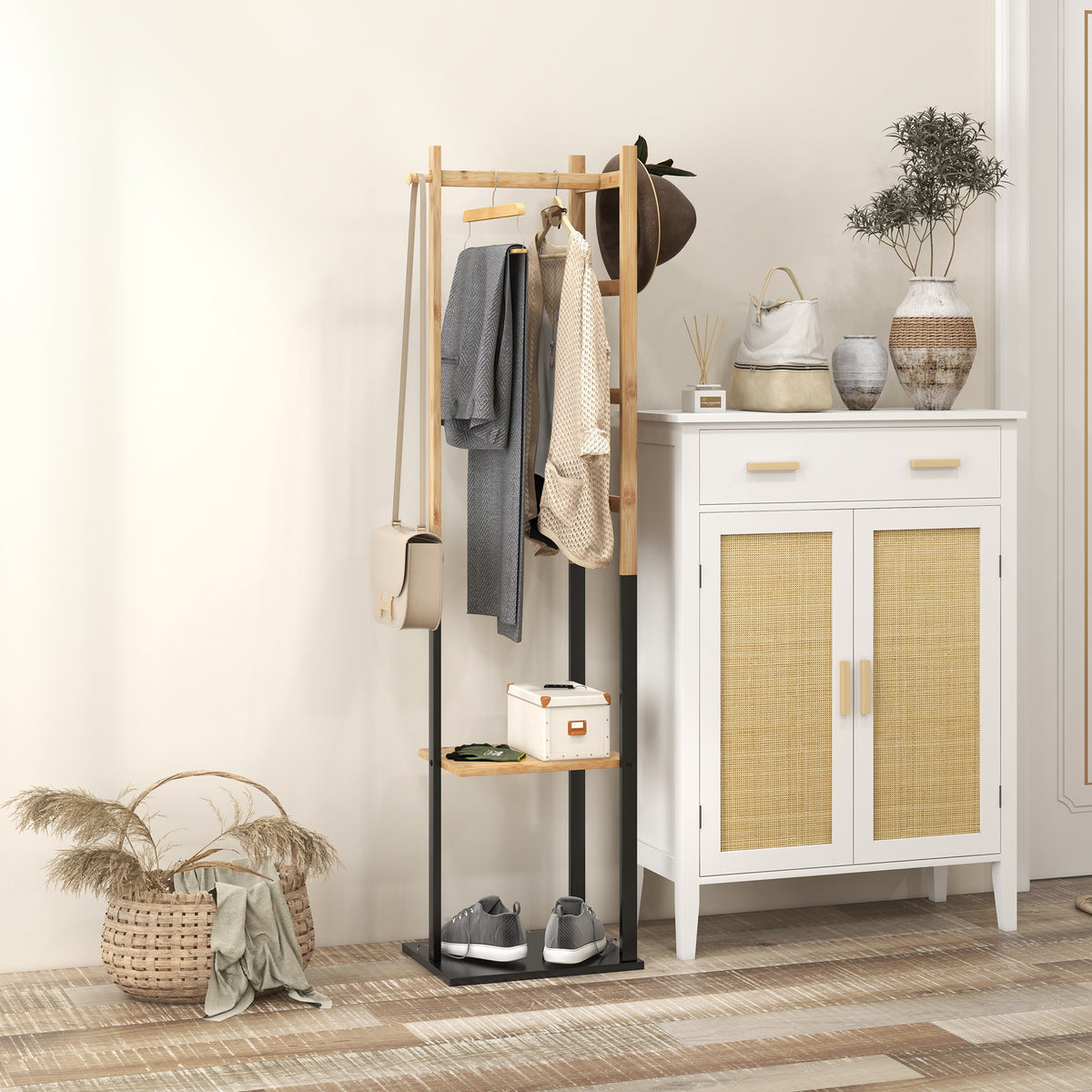 Portant pour vêtements en bambou, Porte-manteau en Bois avec tringle, étagères, patère, 4 barres latérales-1