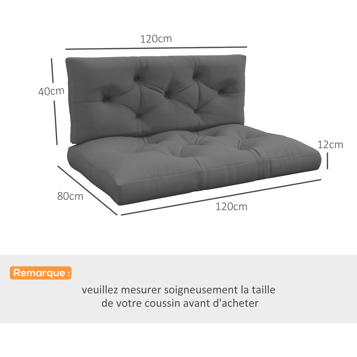 Ensemble de 2 coussins pour canapé palette 2 places dim. 120L x 80l x 12H cm Polyester gris-2