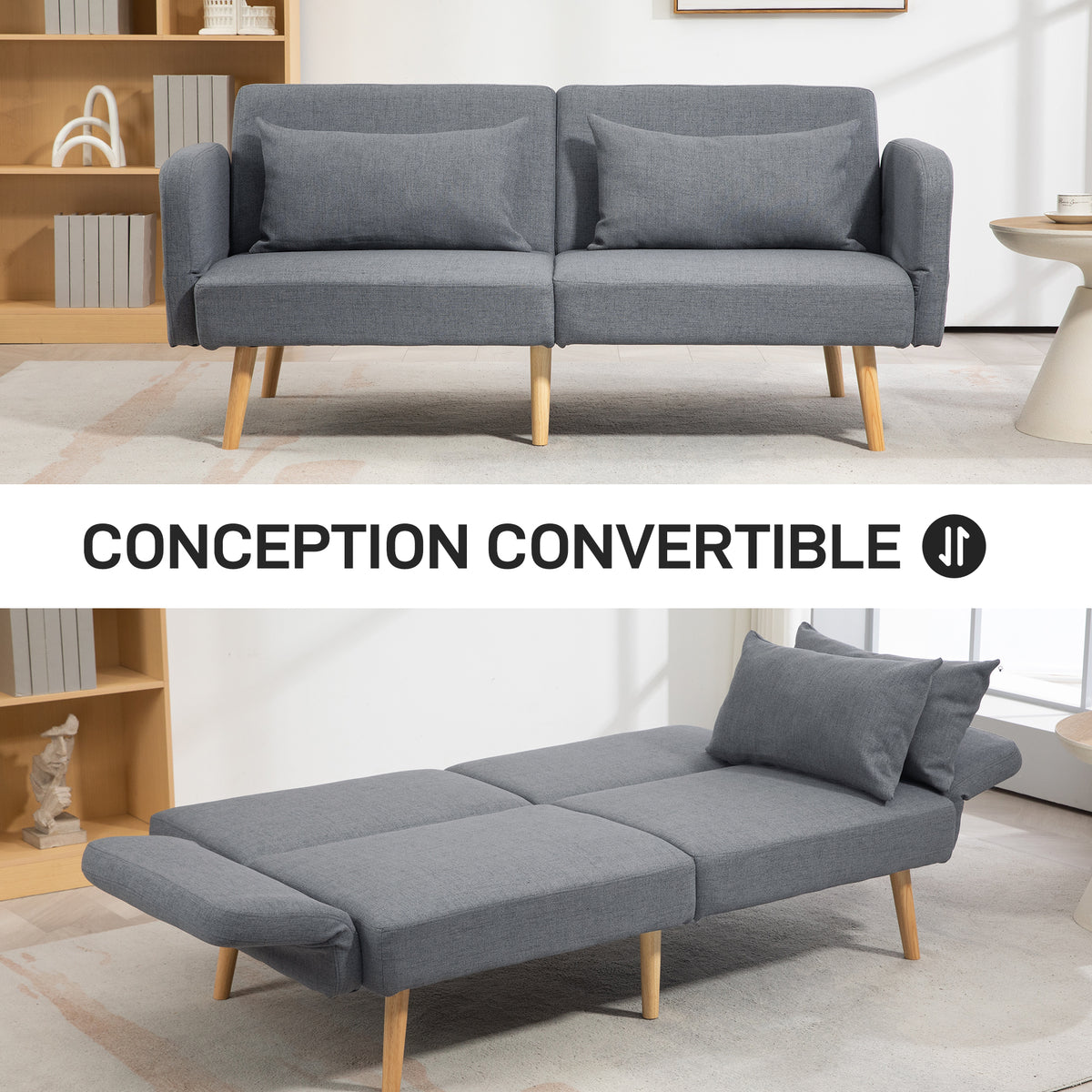 Canapé convertible 3 places design clic clac dossier inclinable et accoudoirs réglables tissu effet lin gris-3