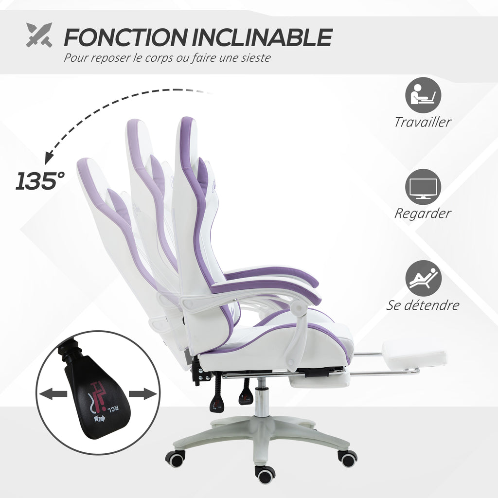 Chaise gaming fauteuil gaming ergonomique avec dossier inclinable à 135° et soutien lombaire, 65 x 65 x 121-129 cm blanc-4