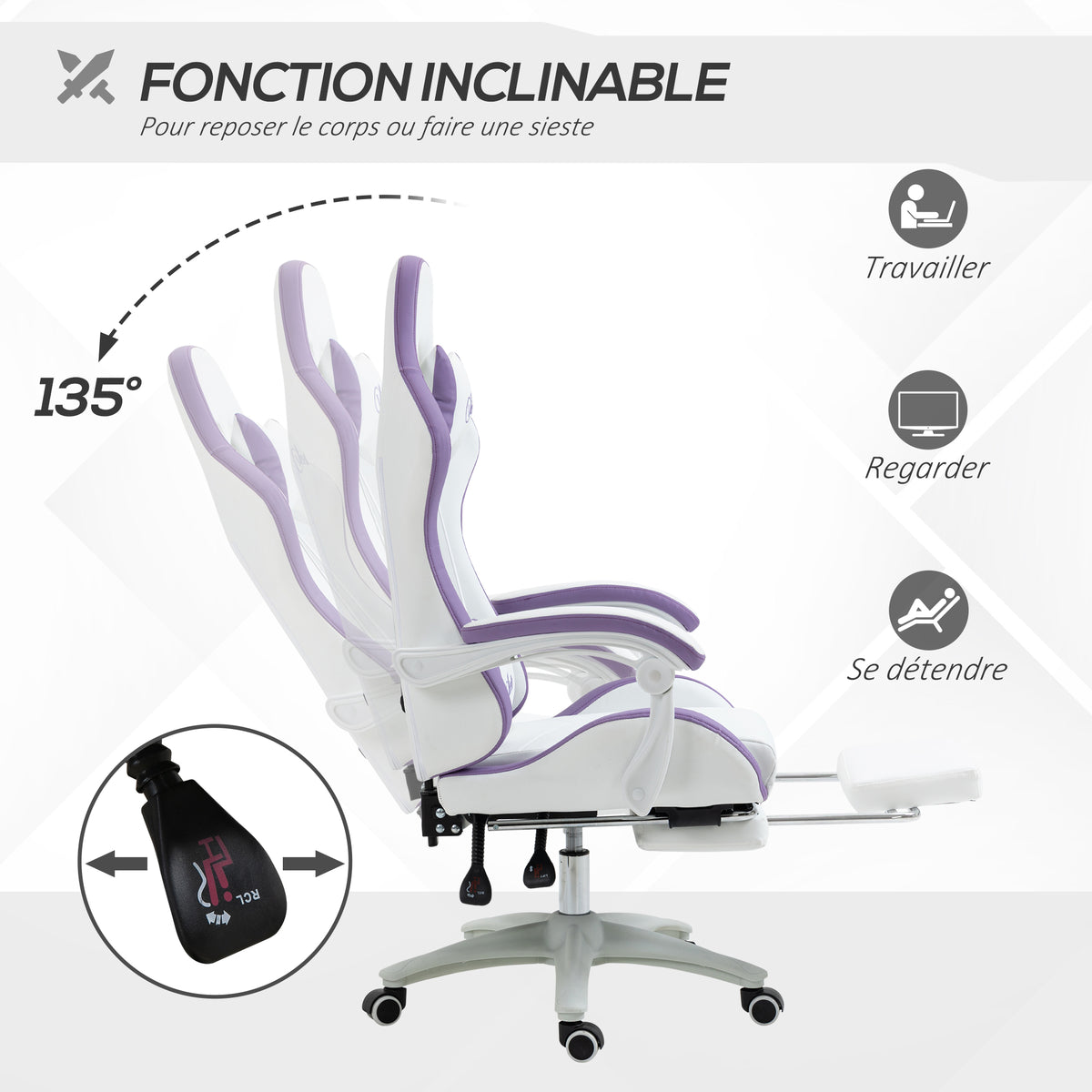 Chaise gaming fauteuil gaming ergonomique avec dossier inclinable à 135° et soutien lombaire, 65 x 65 x 121-129 cm blanc-4