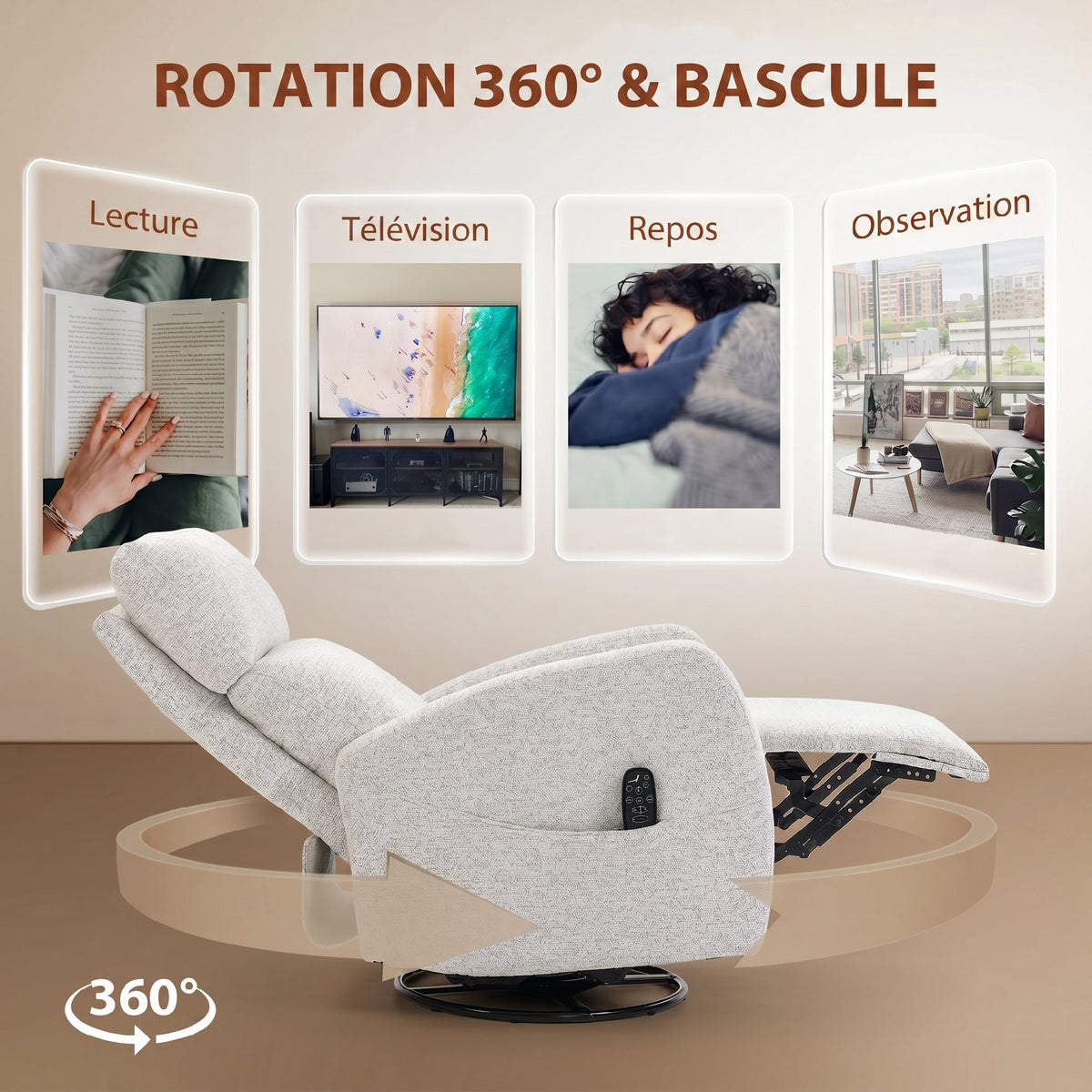 Fauteuil inclinable de massage et chauffage, fauteuil de relaxation en chenille, dossier réglable, pivotant 360°, crème-5