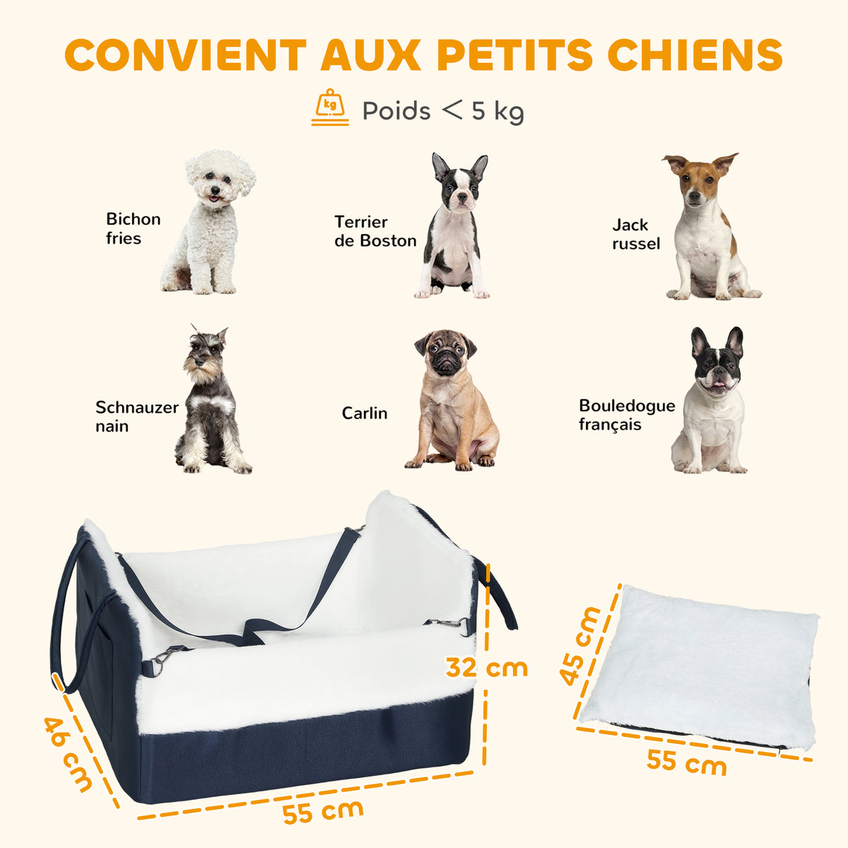 Siège auto pour chien avec ceinture de sécurité et fixation, siège de voiture pour chiens 55 x 46 x 32 cm bleu marine-2
