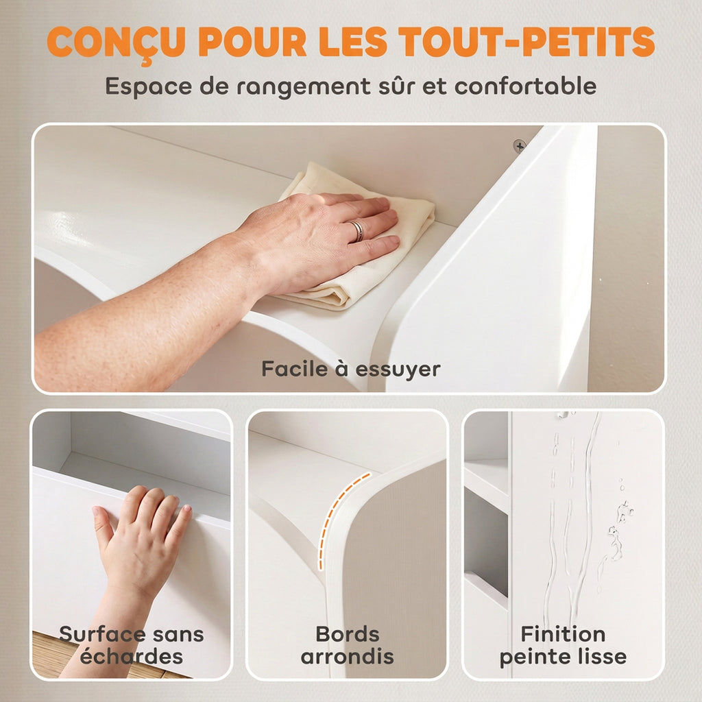 Meuble de rangement jouets enfant avec bibliothèque, 8 bacs en tissu, 2 tiroirs à roulettes et étagères ouvertes, blanc-7