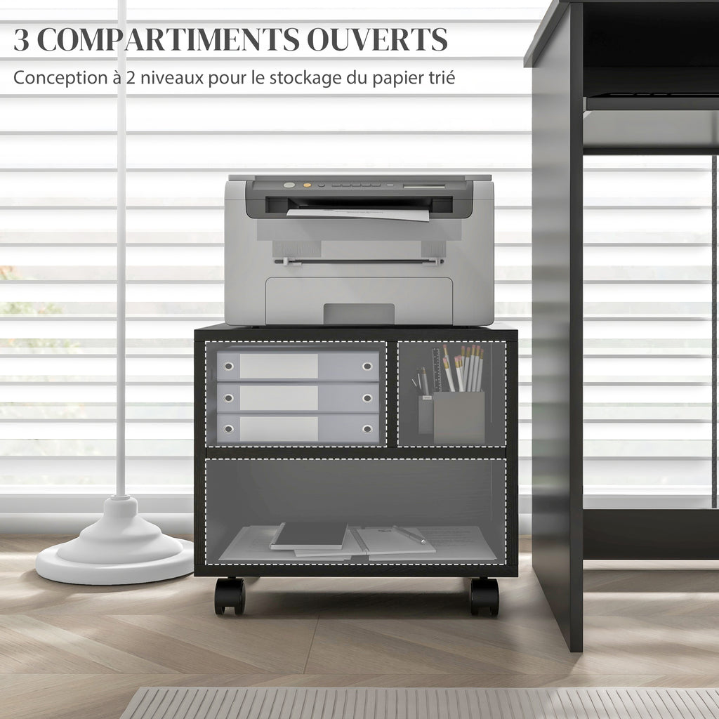 Support d'imprimante meuble de rangement bureau caisson 3 compartiments ouverts 40 x 30 x 36 cm noir-3