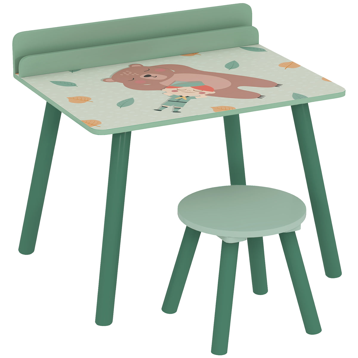 Ensemble table et chaise enfant table pour enfant avec chaise avec porte-livres motifs d'ours pour enfants 3-8 ans vert-0