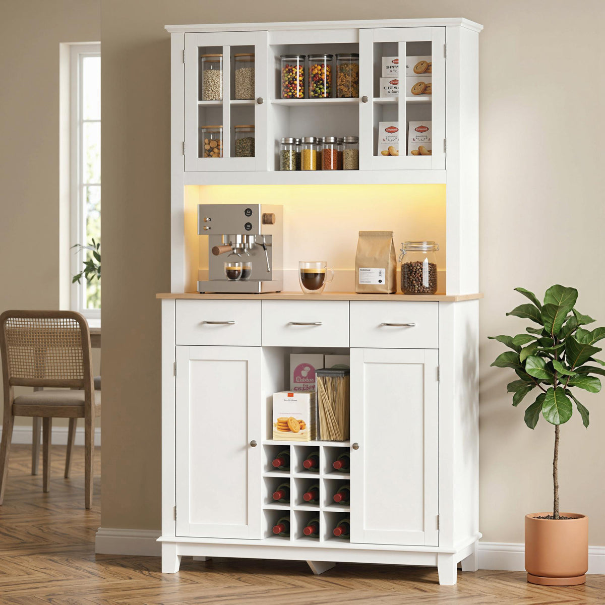Buffet haut cuisine avec éclairage LED, vaisselier, 4 portes dont 2 en verre, tiroirs, porte-bouteilles, blanc-1