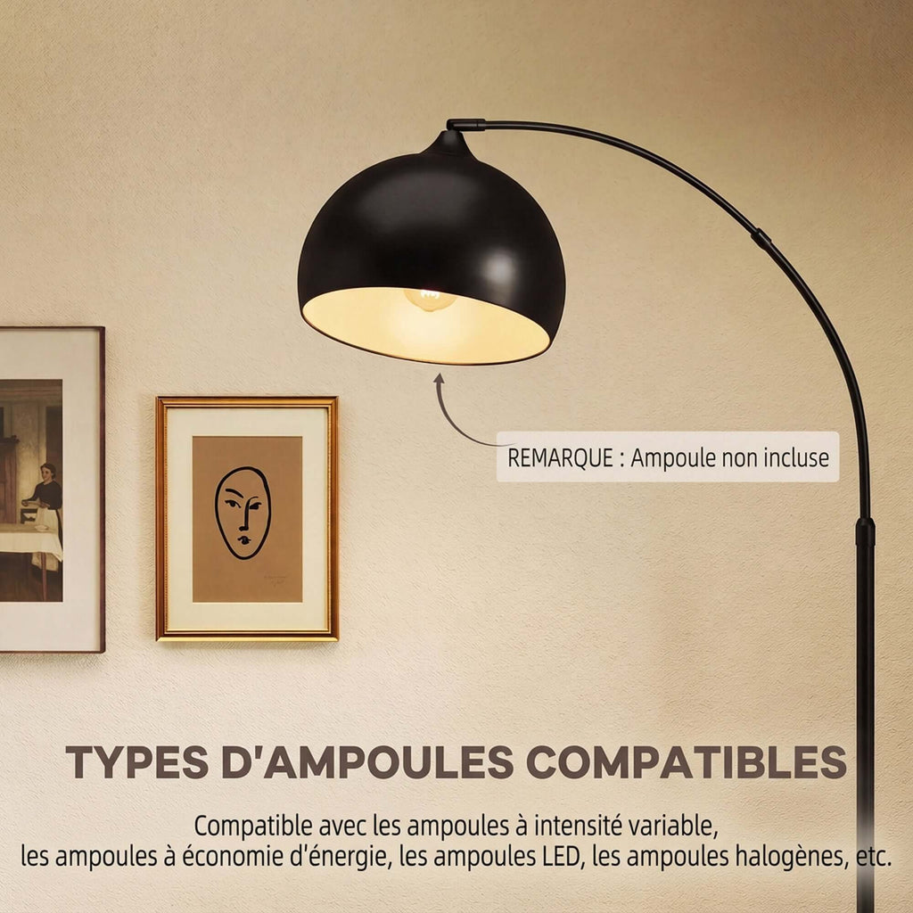 Lampadaire, Lampe de Salon Arc Réglable, Pied Marbre, Style Vintage, 40W, E27, 100-115L x 35l x 170-180H cm, Noir-6