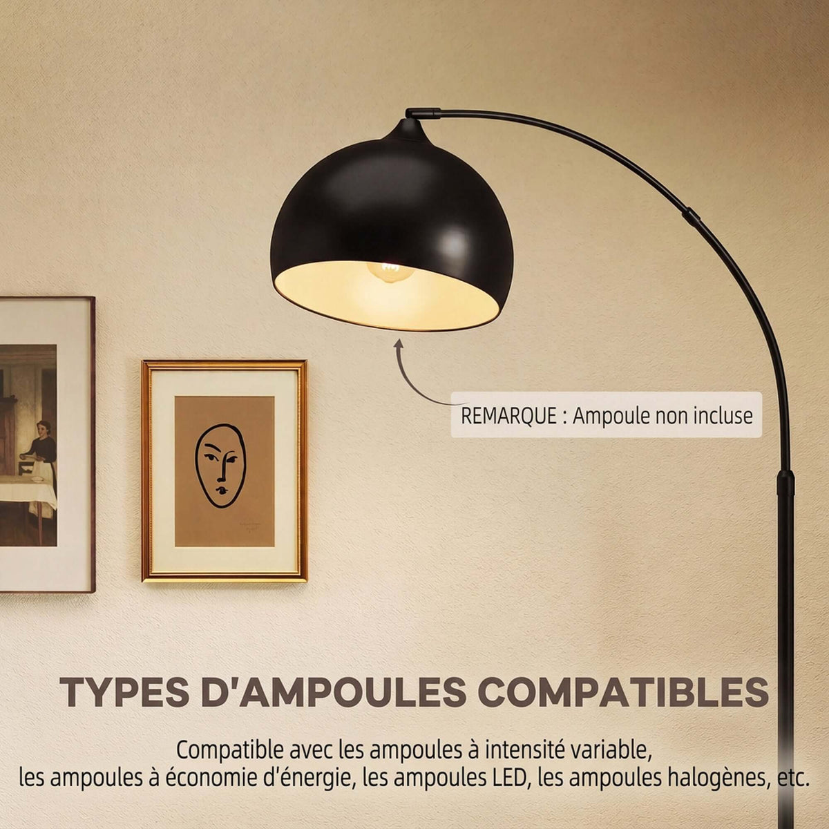 Lampadaire, Lampe de Salon Arc Réglable, Pied Marbre, Style Vintage, 40W, E27, 100-115L x 35l x 170-180H cm, Noir-6