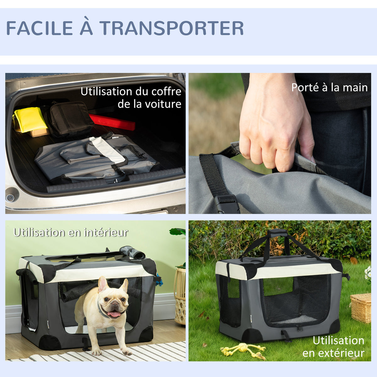 Sac de transport pliable - poignée, 3 entrées zippées, poche - coussin amovible - acier oxford polyester gris noir-7