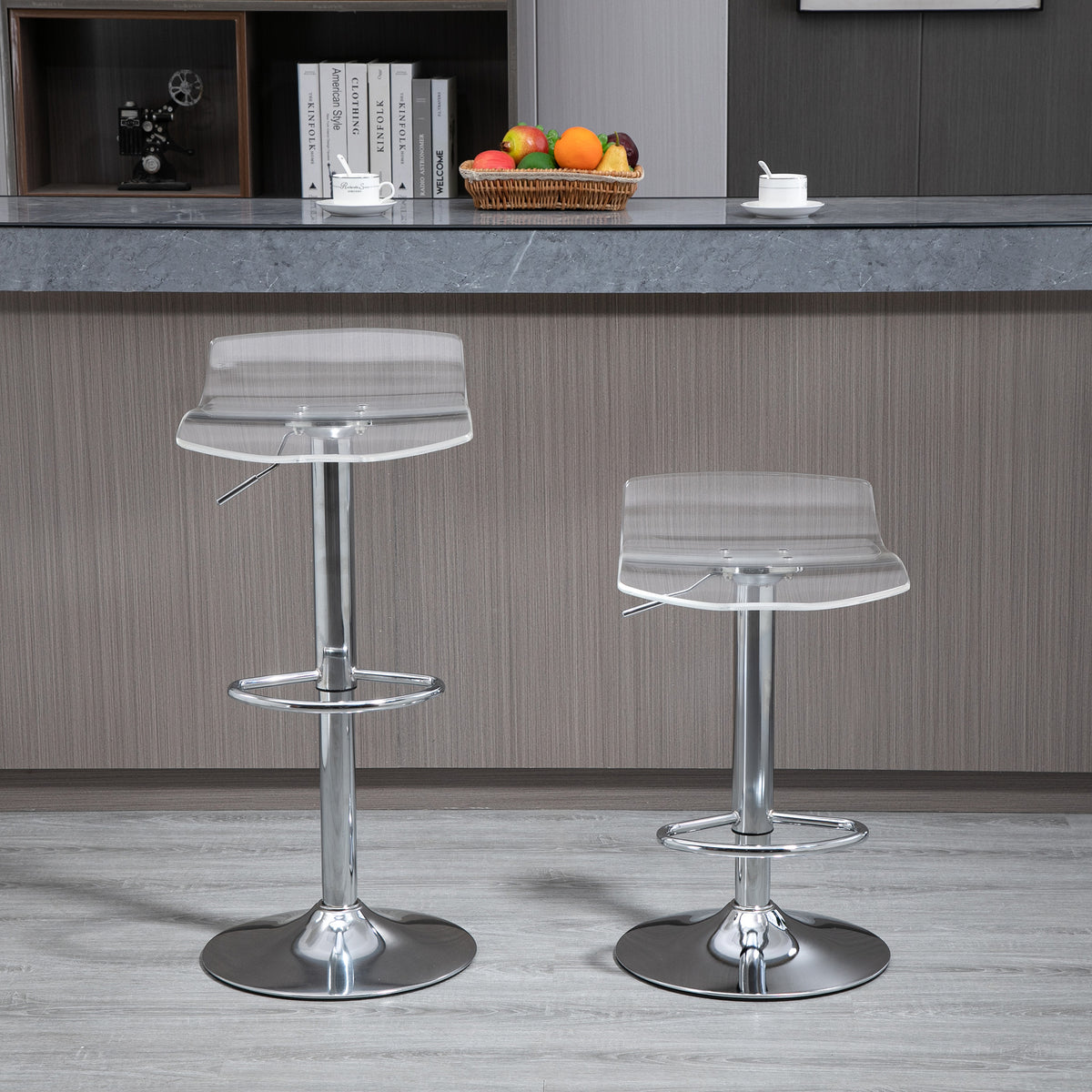 Lot de 2 tabourets de bar design contemporain assise acrylique et piètement métal - pivotant 360° - hauteur réglable avec repose-pieds - transparent-9
