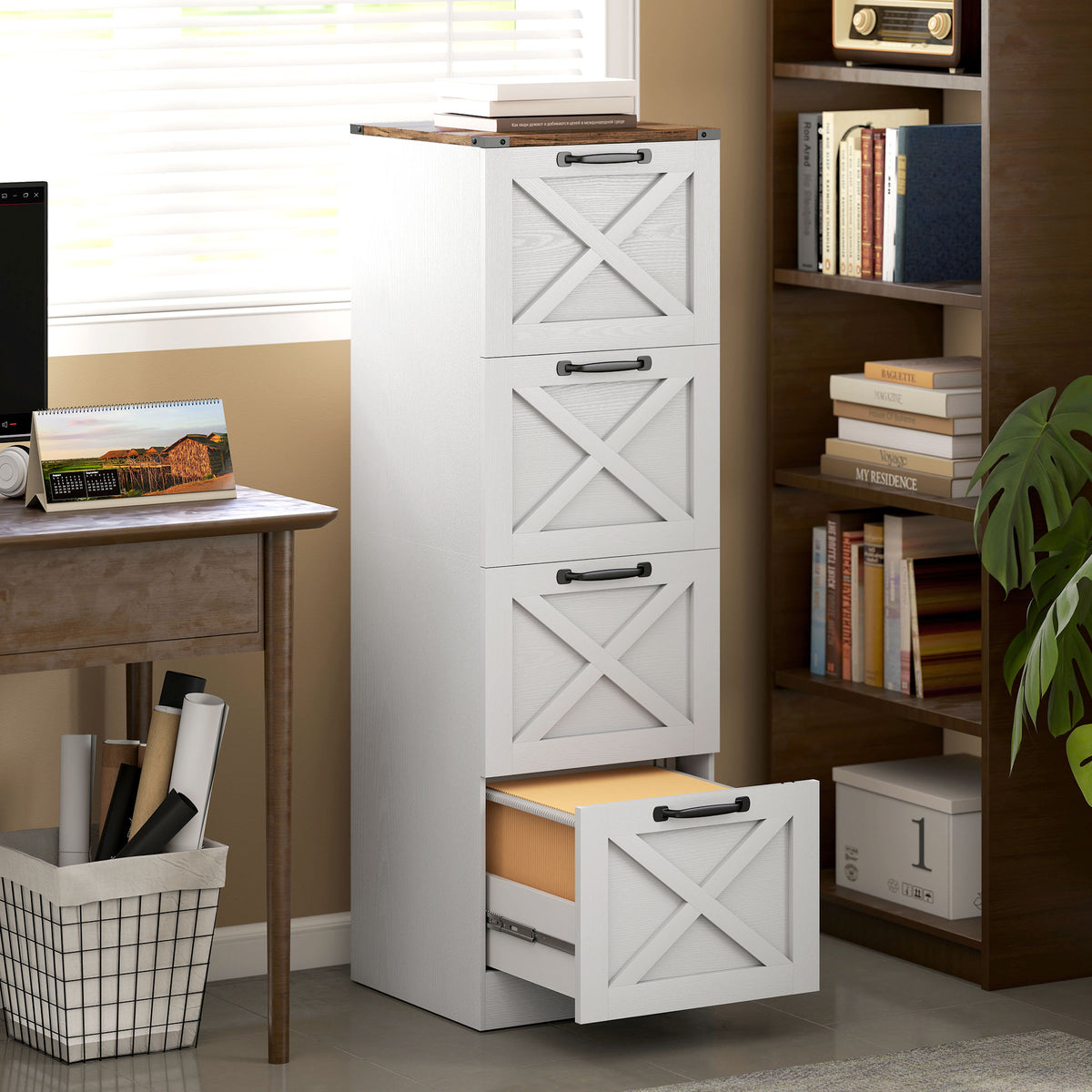 Caisson de Bureau avec 4 Tiroirs, Dossiers Suspendus pour Formats Lettre/A4, Style Rustique, 40x40x131cm, Blanc-9