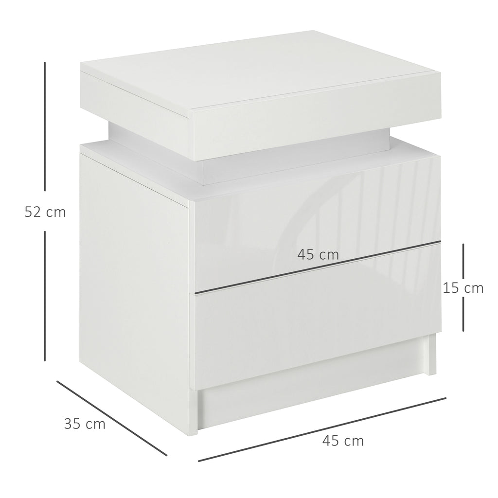 Table de chevet table de nuit lumière LED RVB panneau haute brillance avec 2 tiroirs pour salon chambre à coucher blanc-2