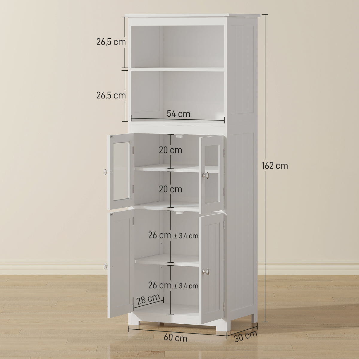 Armoire de cuisine buffet cuisine vaisselier meuble de rangement avec 2 niches, 2 placards avec 4 portes dont 2 portes vitrées, étagère réglable - dim. 60I x 30P x 162H cm blanc-2