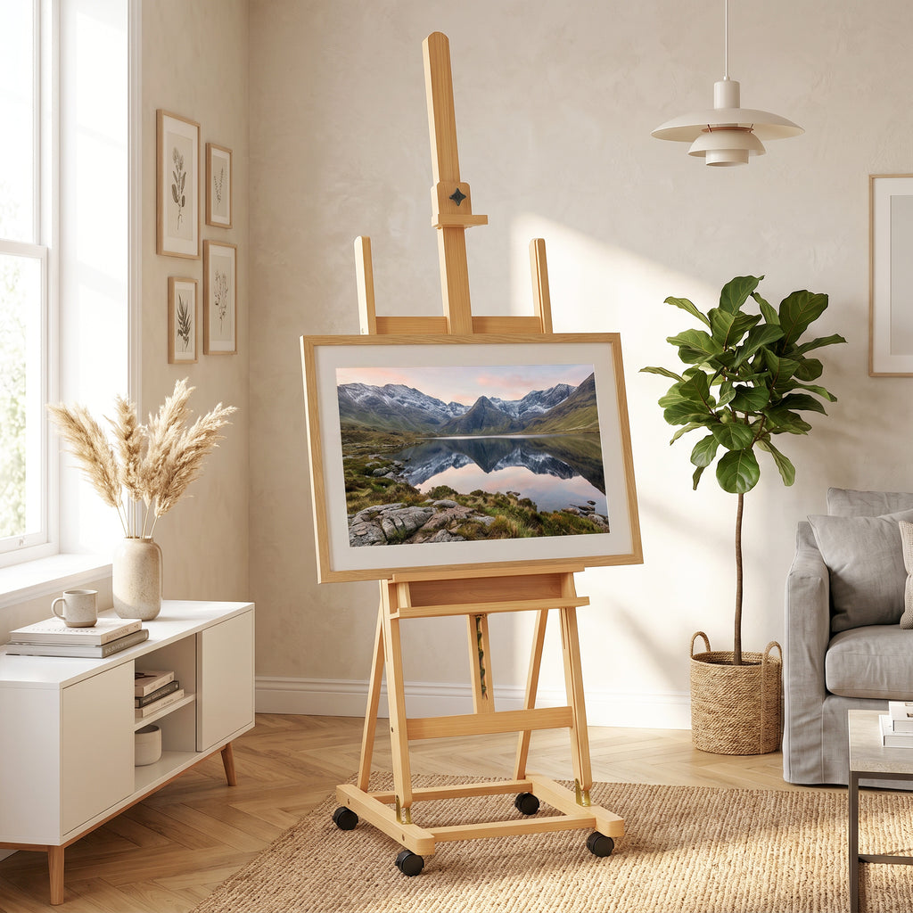 Chevalet d'artiste sur roulettes pliable en bois de hêtre pour toiles à peindre jusqu'à 118 cm bois naturel-8