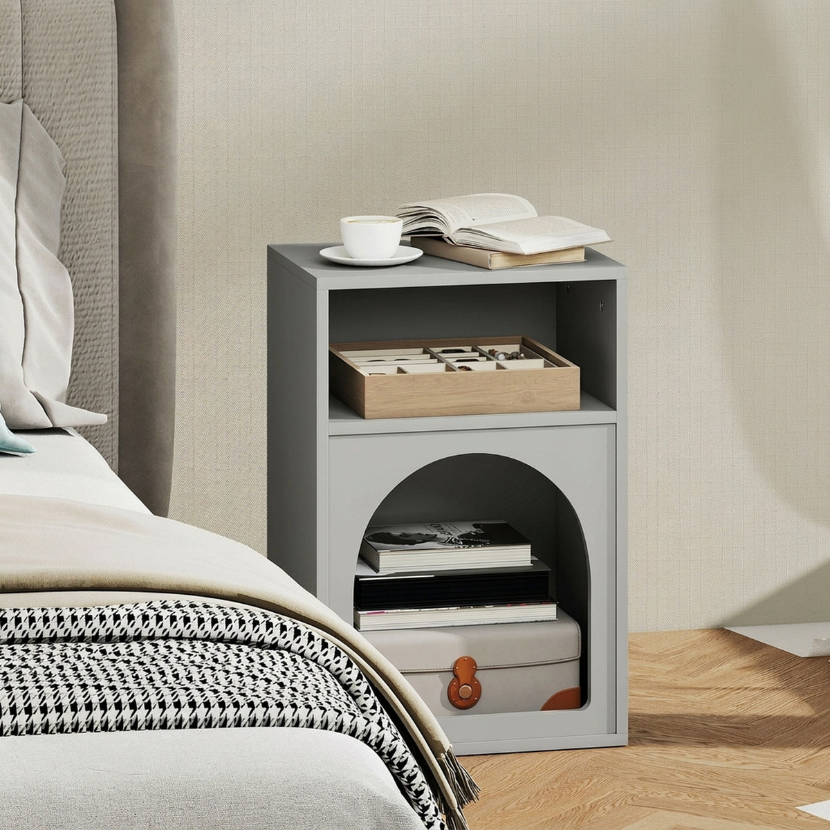 Table de chevet, table de nuit avec compartiments ouverts, design arqué, 40 x 30 x 60 cm, gris-6