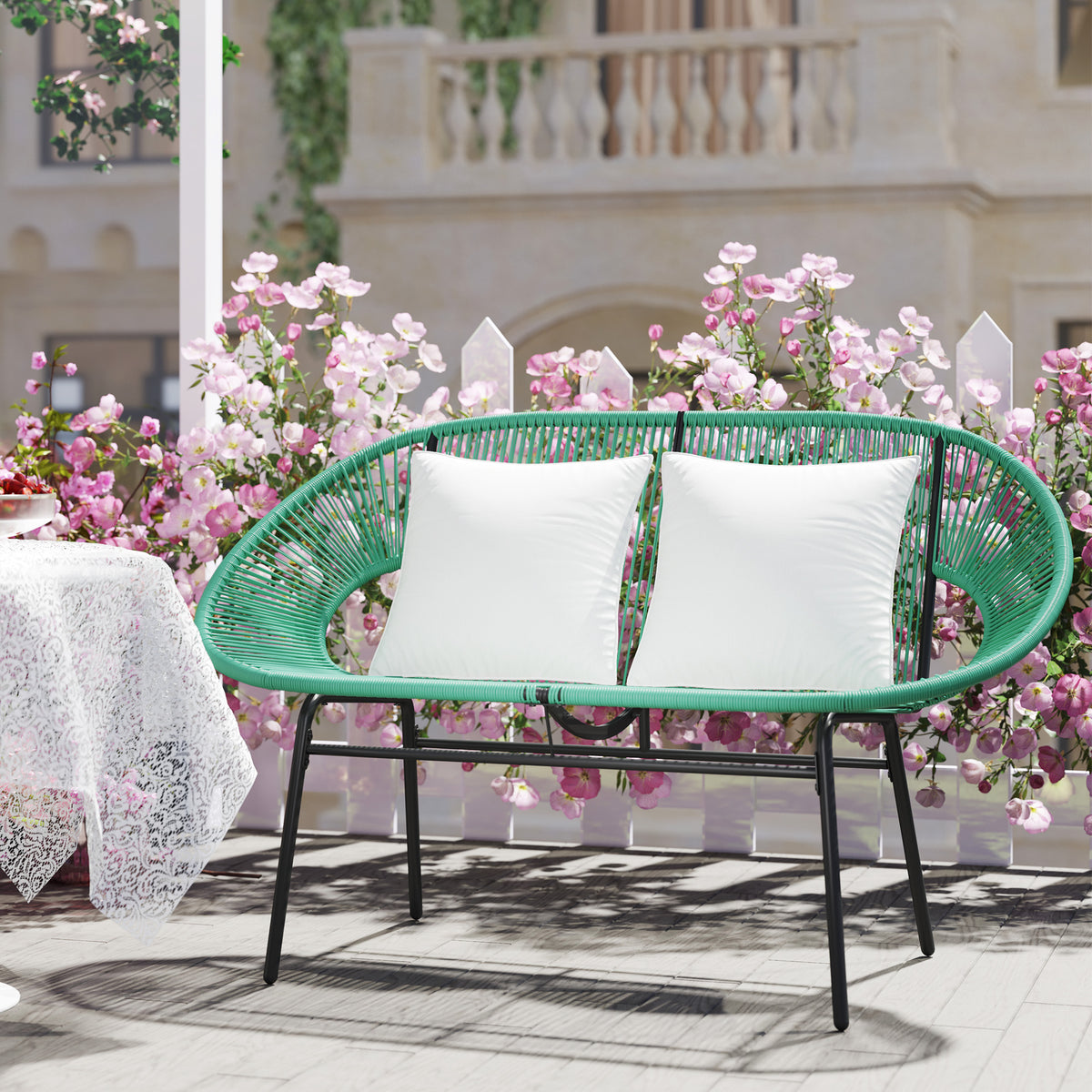 Banquette banc de jardin 2 places en acier et cordage en résine avec 2 coussins - dim. 132L x 72l x 83H cm - vert foncé-6
