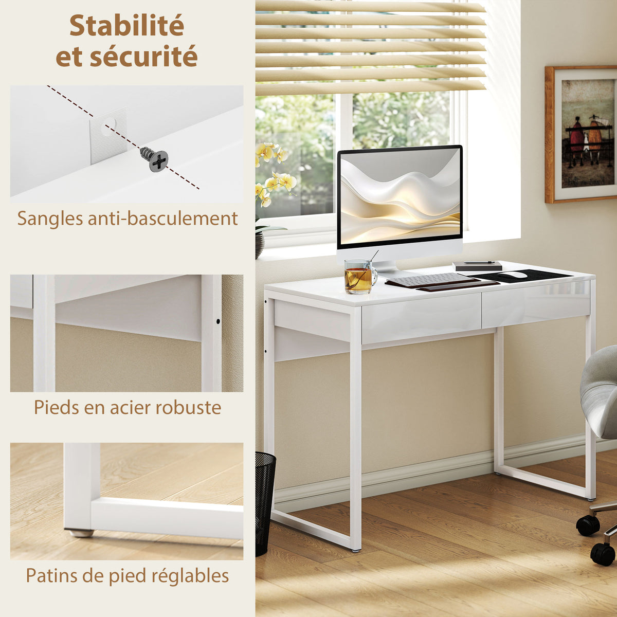 Bureau avec 2 tiroirs, table d'ordinateur 100 x 50 cm, bureau moderne pied en acier, pour petits espaces, blanc brillant-4