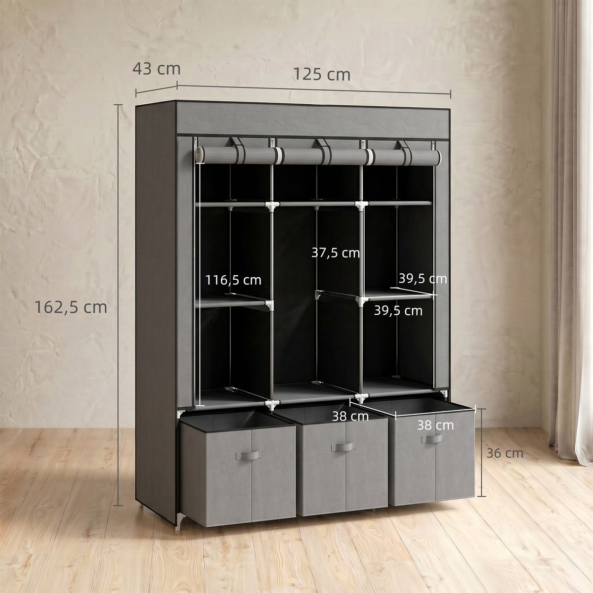 Armoire de rangement en tissu pliable avec 5 étagères, 2 tringles et 3 tiroirs en tissu 125L x 43l x 162.5H cm-2