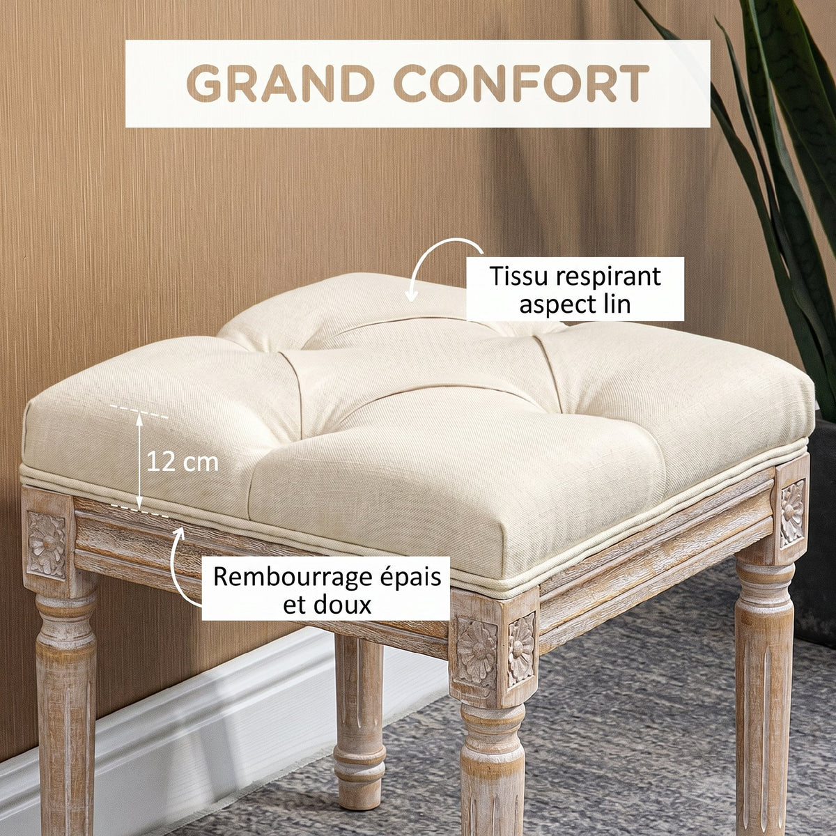 Repose pied salon, ottoman, siège rembourré en tissu aspect lin avec pieds en bois d'hévéa, 40 x 40 x 43 cm, beige-4