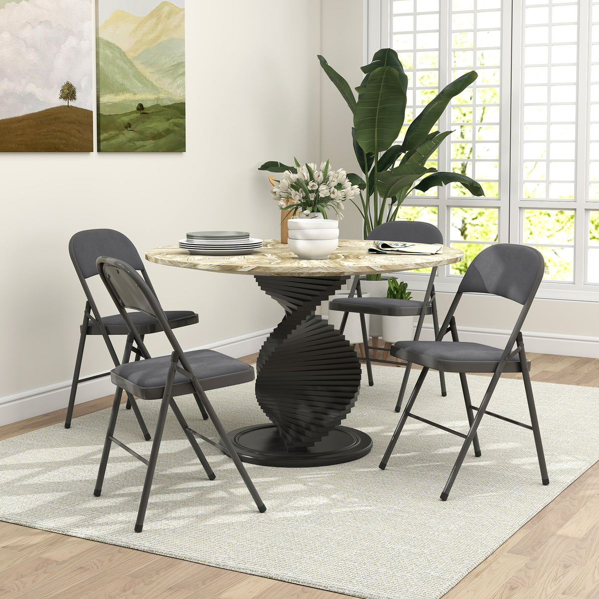 Lot de 4 chaises pliantes et portables intérieur avec assises et dossiers rembourrés en velours, cadre en acier, gris foncé-1
