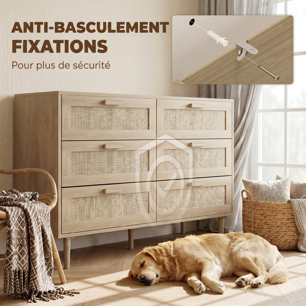 Commode 6 tiroirs meuble de rangement avec tissage en rotin dim. 110L x 40l x 75H cm Aspect Bois Clair-5