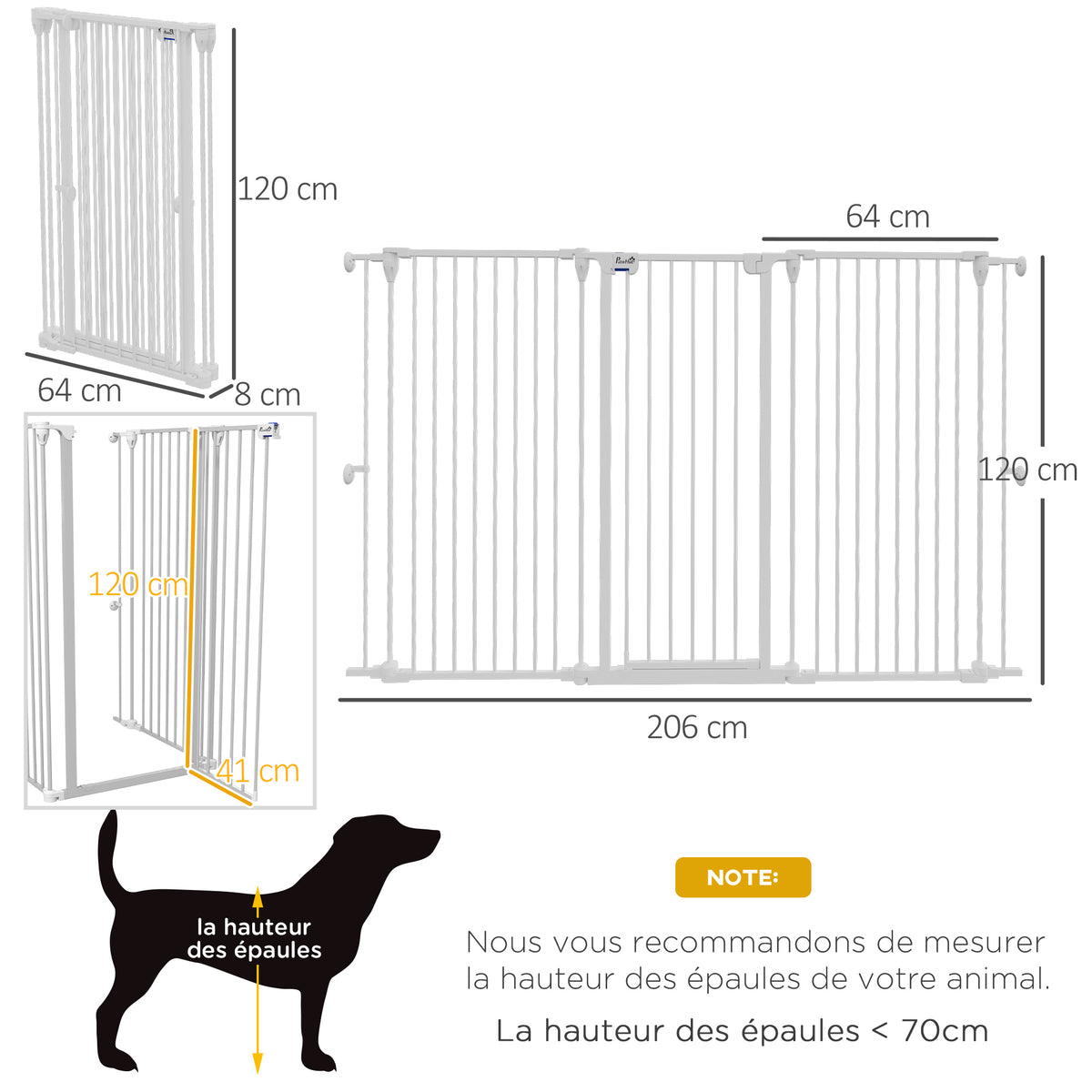 Barrière pour chien en acier à 3 panneaux pliante double verrouillage et porte intégrée pour porte et escalier blanc-2