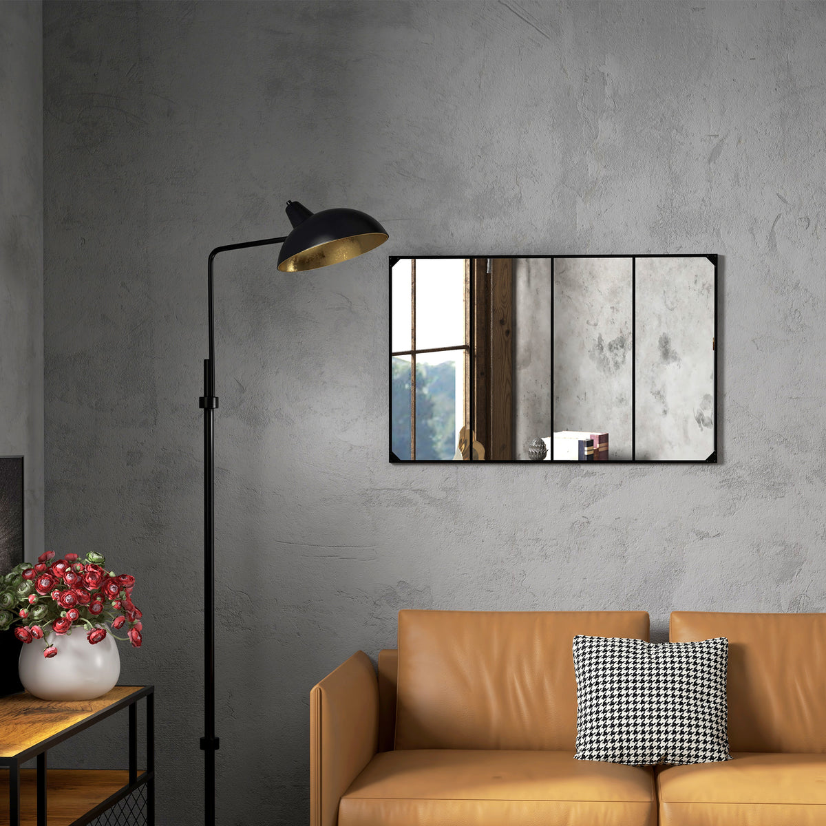Miroir mural verrière rectangulaire style industriel, horizontal ou vertical avec 4 crochets, en métal noir 109 x 69 cm-9