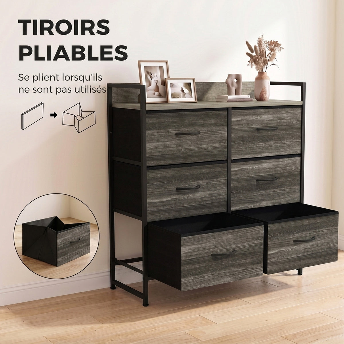 Commode, Meuble de Rangement pour Chambre, 6 Tiroirs en Tissu en Lin, Cadre en Acier, 80 x 29 x 85 cm, Gris-5