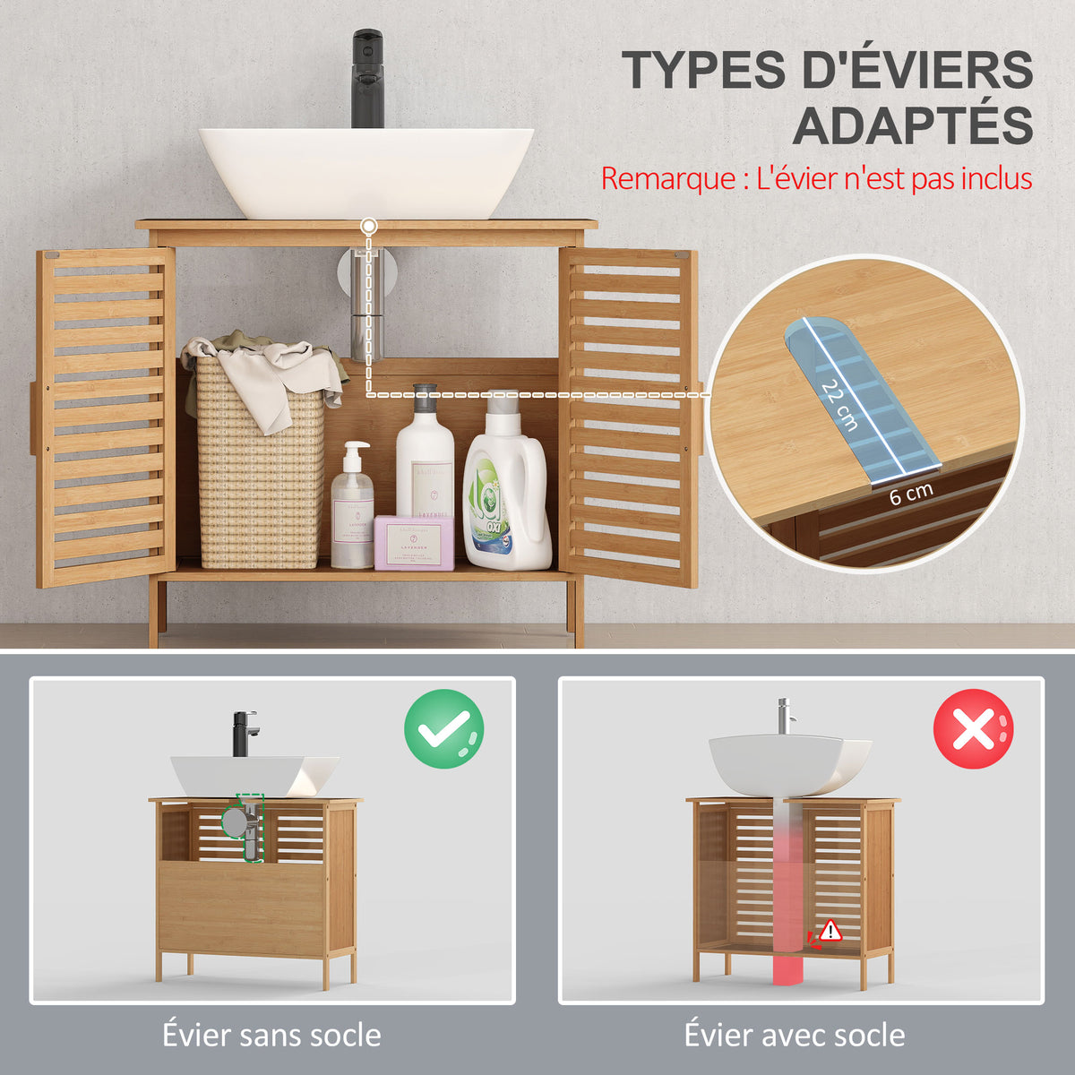 Meuble sous lavabo salle de bain en bambou meuble sous vasque 2 portes 66 x 29 x 61,5 cm-3