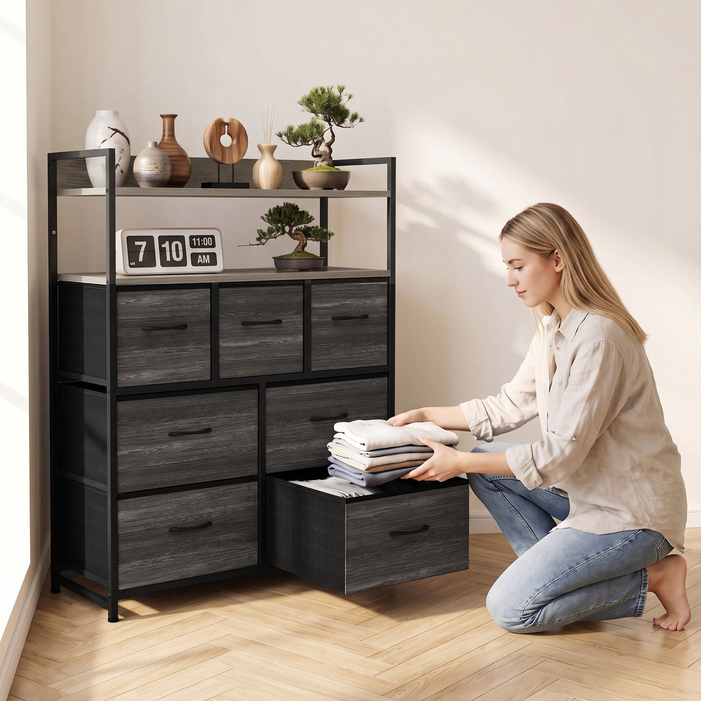 Meuble de rangement commode 7 tiroirs en tissu pliables et amovibles étagères ouvertes, gris-7