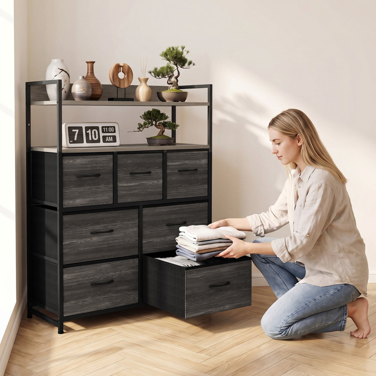 Meuble de rangement commode 7 tiroirs en tissu pliables et amovibles étagères ouvertes, gris-7