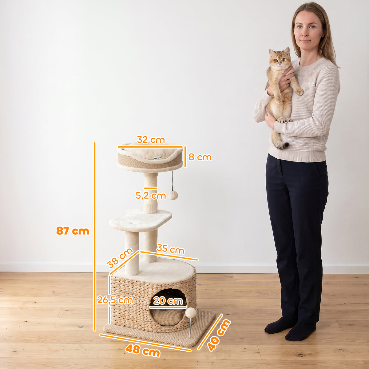 Arbre à Chat Design Moderne Style Tressé avec Griffoir 4 Niveaux Niche en Massette Perchoir en Jute 87 cm Beige-2